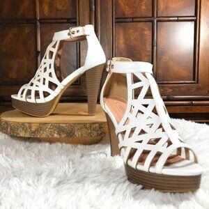 NWOT White Vegan Leather Laser Cut Open Toe Platform Ankle Strap Heeled Shoe